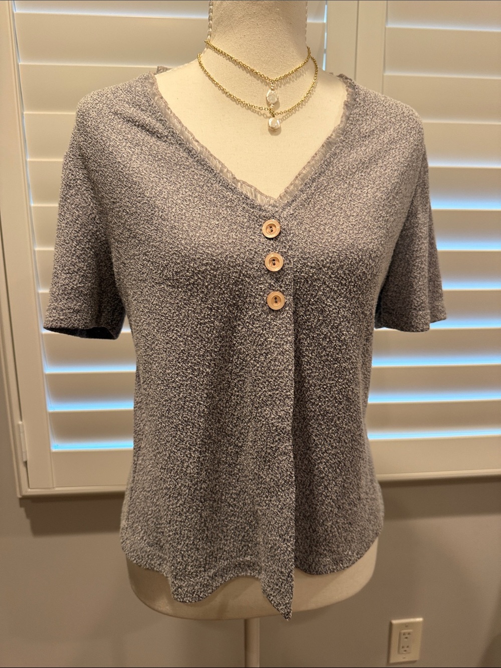 Vintage Heather Gray V-Neck Short Sleeve Top with Button Front